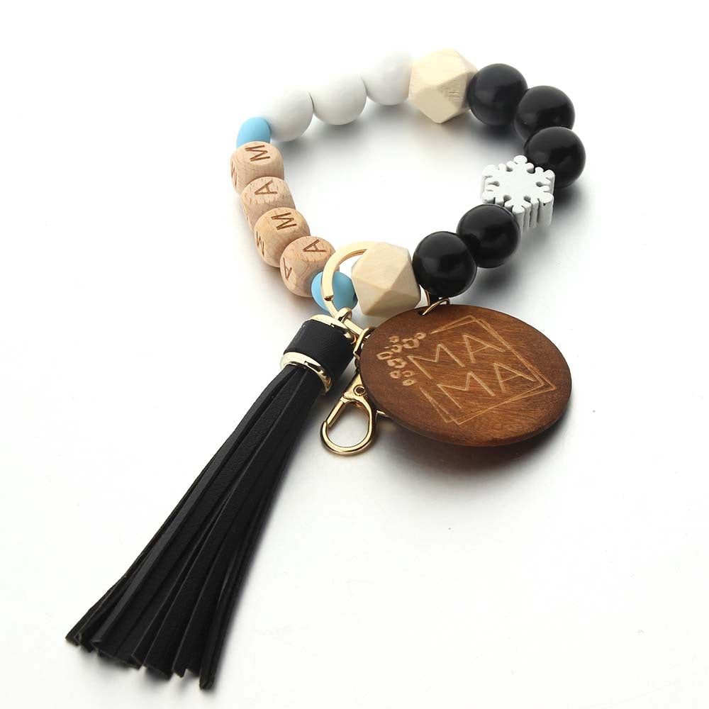 Wholesale Wooden Beads Leather Tassel Silicone Bracelet MAMA Keychain